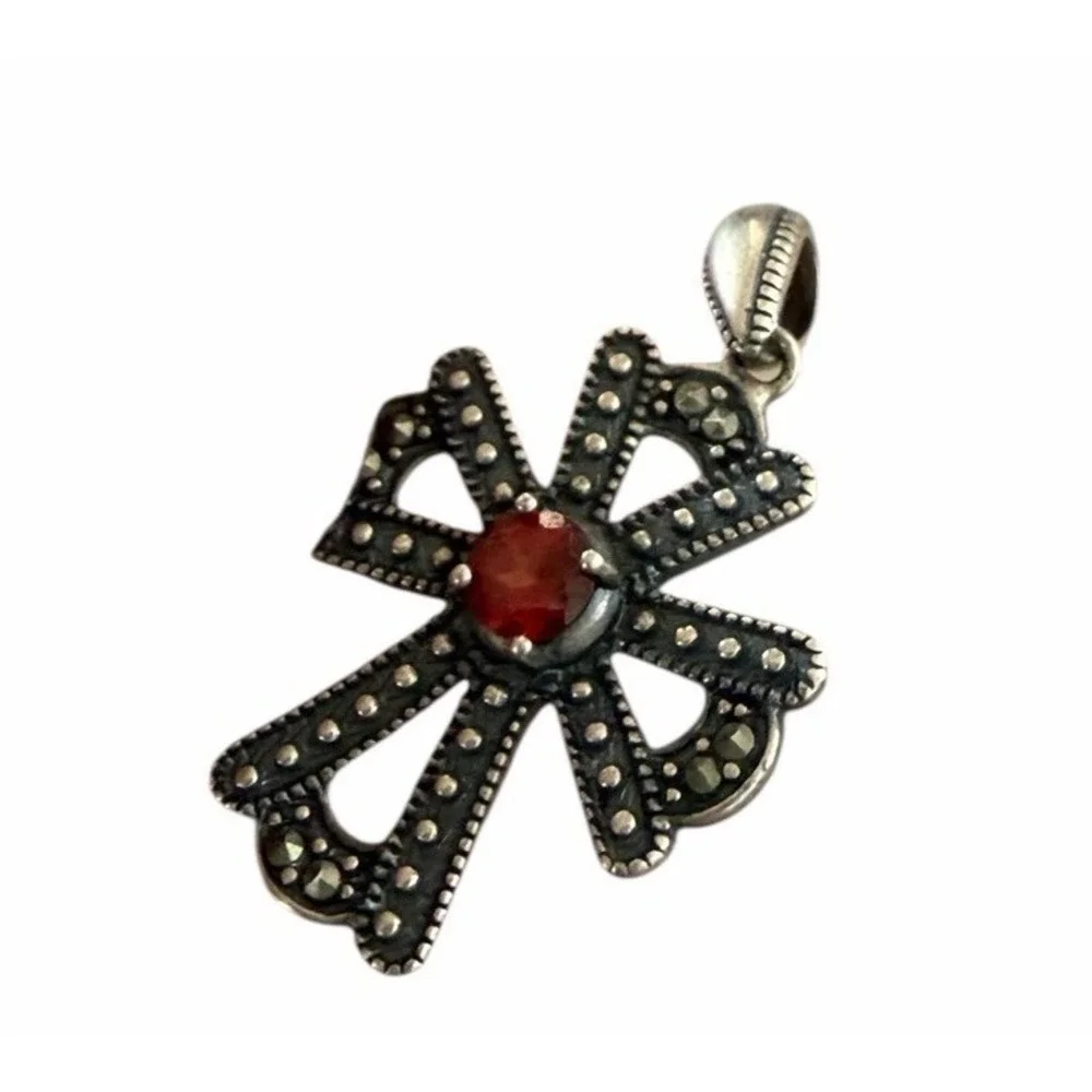 Sterling‎ Silver Cross Set Earrings & Pendant Necklace Red Stone Gothic Vintage